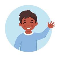 niño sonriendo y saludando con la mano. retrato de niño pequeño en forma circular. vector