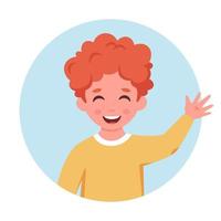 niño sonriendo y saludando con la mano. retrato de niño pequeño en forma circular vector