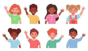 niños de diferentes nacionalidades sonriendo y saludando con la mano. vector