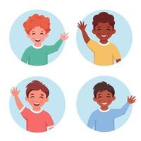 Set of little boys portraits in circular shape. Kids smiling and waving hand. vector