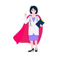 Young adult doctor hospital medical employee with hero cape behind fights against diseases and viruses on frontline flat style vector illustration. Doctor physician medical clinic staff new hero.