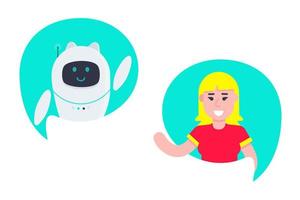 Robot chatbot head icon sign in the speech bubble talking with girl vector