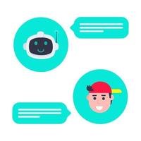 Robot chatbot head icon sign in the speech bubble talking with boy. vector