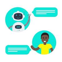 Robot chatbot head icon sign in the speech bubble talking with boy. vector