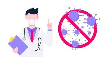 detener el cartel de diseño de estilo plano del concepto de banner de vacunación contra virus. empleado médico en él sosteniendo el portapapeles con el signo de parada de virus aislado en el fondo. gripe de conciencia médica, pancarta de influenza poliomielitis. vector