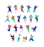 A group of dancing people in different poses and emotions. Vector. Illustrations of men and women. Flat style. A group of happy teenagers are dancing and having fun. Figure for packaging. vector