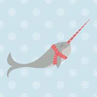 Winter illustration with cute narwhal in a scarf. Christmas and New Year concept. vector