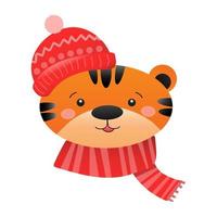 Portrait of a cute tiger in a winter knitted hat and scarf. Children's New Year or Christmas illustration.