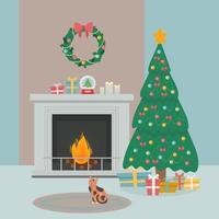 Cozy new year decorated room interior with christmas tree and fireplace. Flat style Vector illustration.