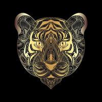 Tiger face gold tattoo, on black background. Vector illustration