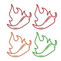 Icons with Chili Pepper Spice Levels. Hot pepper sign with fire flame for packing spicy food. Mild, medium and extra hot pepper sauce stickers. Vector illustration