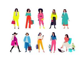 ilustración de una joven de moda. vector. mujeres compradoras y adictas a las compras. chicas ordinarias con teléfonos aislados en un fondo blanco. estilo plano chicas posando vector