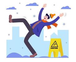 el hombre resbala y cae sobre el hielo. una señal de precaución. ilustración vectorial vector