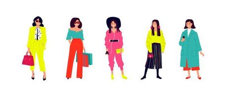 Illustration of a young fashionable girls. Vector. Women shoppers and shopaholics. Ordinary girls with phones posing. Flat style. Girls are isolated on a white background. vector