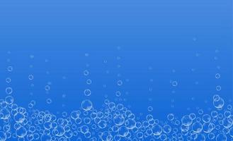 Underwater bubbles of fizzing soda. Streams of air. Realistic oxygen pop in effervescent drink. Vector sparkles on blue background.
