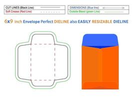 sobre de extremo abierto o sobre de catálogo plantilla de línea de dieline de 6x9 pulgadas y sobre 3d editable fácilmente redimensionable vector