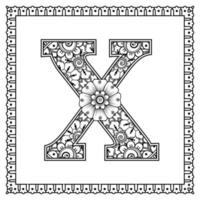 Letter X made of flowers in mehndi style. coloring book page. outline hand-draw vector illustration.