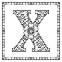 Letter X made of flowers in mehndi style. coloring book page. outline hand-draw vector illustration.