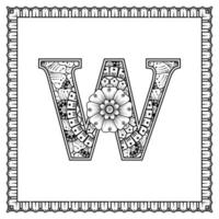 letra w hecha de flores en estilo mehndi. página de libro para colorear. Ilustración de vector de dibujo a mano de contorno.
