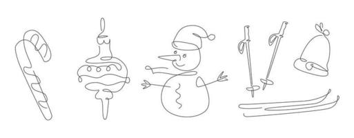 X-mas one line set. new year elements line art. merry Christmas Set with ski and snowman. socks continuous line. outline winter. vector