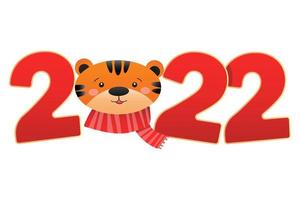 Happy New Year 2022 festive design with cartoon funny tiger and number of 2022. Year of the tiger. vector