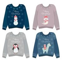 A set of Christmas cozy sweaters, winter holiday jumpers, with a snowman, penguin, snowy owl, llama. vector