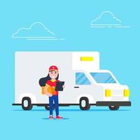 Fast delivery vehicle car van and girl character with clipboard and box on it flat style design vector illustration isolated on light blue background. Symbol of delivery company.