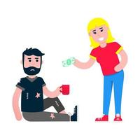 Volunteer helps homeless man with food. Volunteers helping homeless by money him take things flat style design vector illustration isolated white background. Poor man and woman with banknote.