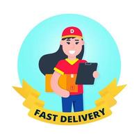 Fast delivery girl character with clipboard and box flat style design vector illustration. Delivery woman with the box in her hands in the circle emblem. Symbol of delivery company. fast and free.