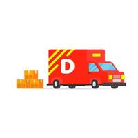 Fast red delivery vehicle illustration isolated on white background. Cargo auto truck for shipment business with pile of boxes. vector