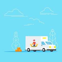 Fast red delivery vehicle car van and boy character and boxes flat style design vector illustration isolated on light blue background. Symbol of delivery company.