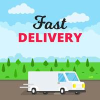 Fast delivery truck service on the road. Car van with landscape behind flat style design vector illustration isolated on light blue background.  Symbol of delivery company.