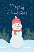 Christmas card with a cute snowman and the inscription Merry Christmas. vector