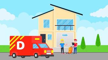 Fast delivery boy character with clipboard and trolley and boxes on it flat style design standing near woman behind building and car van. Delivery to home concept. Fast and free. vector