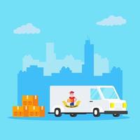 Fast red delivery vehicle car van and boy character and boxes flat style design vector illustration isolated on light blue background. Symbol of delivery company.