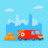 Fast red delivery vehicle car van and girl character with clipboard and trolley and boxes on it flat style design vector illustration isolated on light blue background.