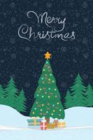 Greeting card with a Christmas tree and gift boxes. With the inscription Merry Christmas. vector