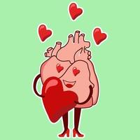 el emoji amante del corazón fisiológico. un lindo personaje cardiológico sostiene un corazón en sus manos con ojos de corazón vector