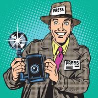 Photographer paparazzi at work press media camera. The reporter smiles vector