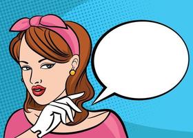 Pop art retro woman face with speech bubble vector