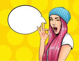 Pop Art Vintage advertising poster comic girl with speech bubble. Pretty girl giving ok gesture vector