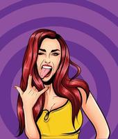 Pop Art Vintage advertising poster comic girl with speech bubble. Pretty girl showing tongue and rock and roll sign vector
