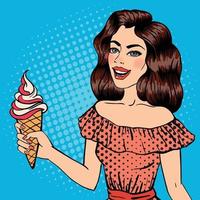 Girl with Ice Cream. Pop Art Banner. Pin Up Girl. Beautiful Woman with Icecream Cone. Vector illustration