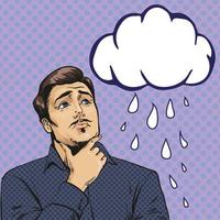 ilustración vectorial de un hombre triste y molesto mirando una nube llorando al estilo cómico de arte pop retro. llueve. concepto de sentimientos y emociones.