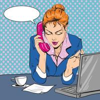 Vector Illustration of woman talking over the phone at office in retro pop art comic style. Speech bubble.