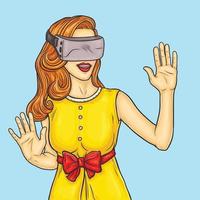 Vector pop art illustration of a pretty young girl uses a virtual reality glasses