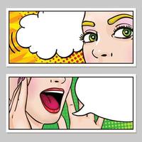 Female face horizontal banners with eyes open mouth and speech bubbles on popart background isolated vector illustration