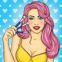 Vector pop art illustration of a pretty girl holding a brush for make-up in her right hand