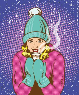 Beautiful girl in warm hat and gloves holding hot drink. Winter warm up concept in retro comic pop art style.