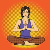 mujer meditando con burbuja de habla en estilo retro pop art comic. equilibrio mental y concepto de yoga. vector